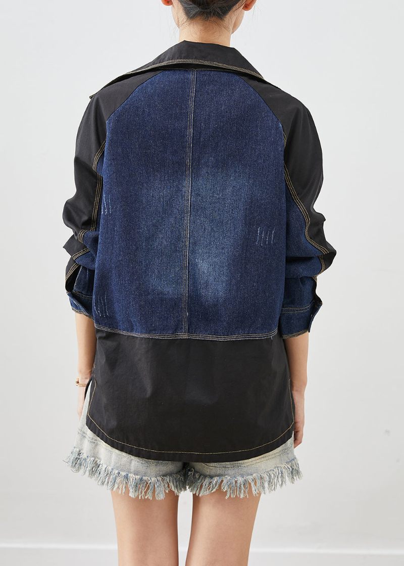 Stil Sort Oversized Denim Patchwork Bomuldsjakker Efterår - Dame vinterfrakker