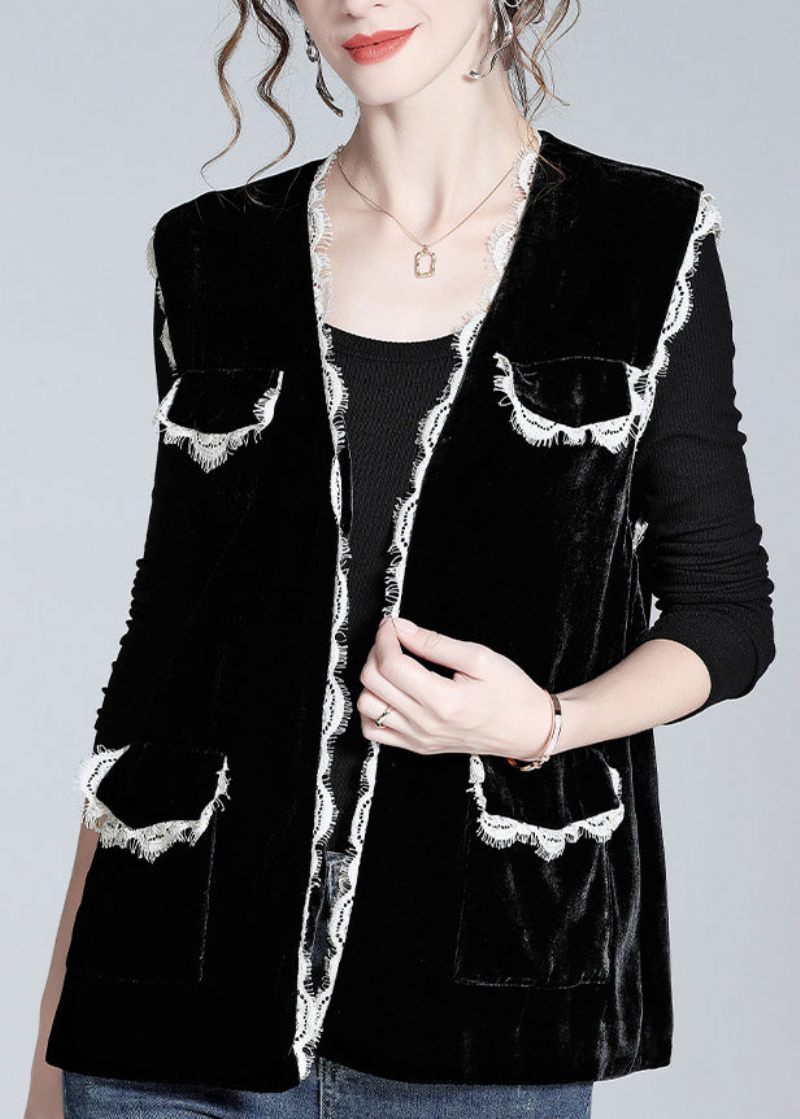 Stil Sort V-hals Blonde Patchwork Silke Velour Vest Forår - Dame vinterfrakker