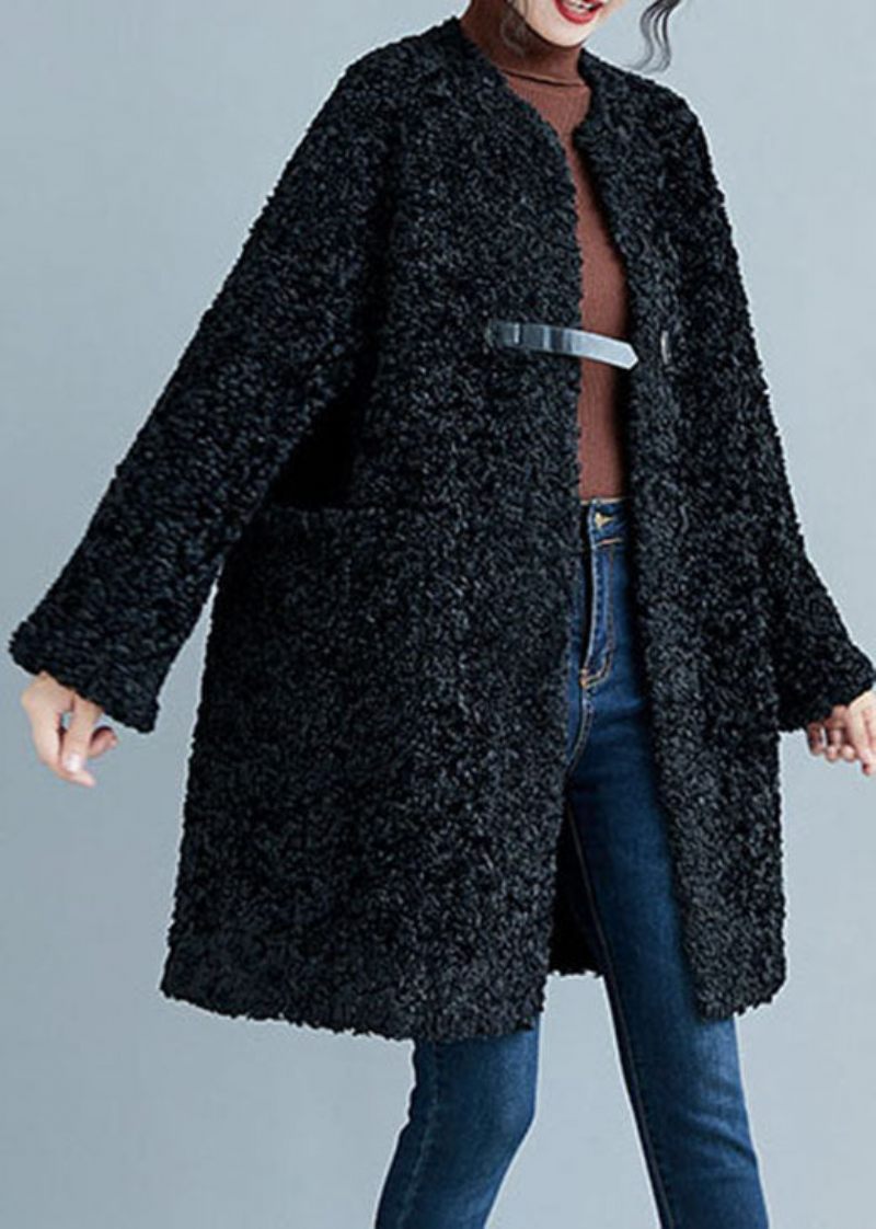 Stil Sorte Lommer Faux Fur Coats Vinter - Dame vinterfrakker