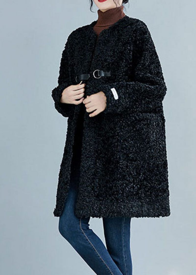 Stil Sorte Lommer Faux Fur Coats Vinter - Dame vinterfrakker