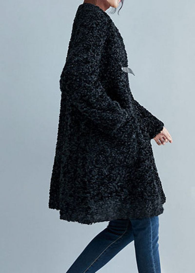 Stil Sorte Lommer Faux Fur Coats Vinter - Dame vinterfrakker