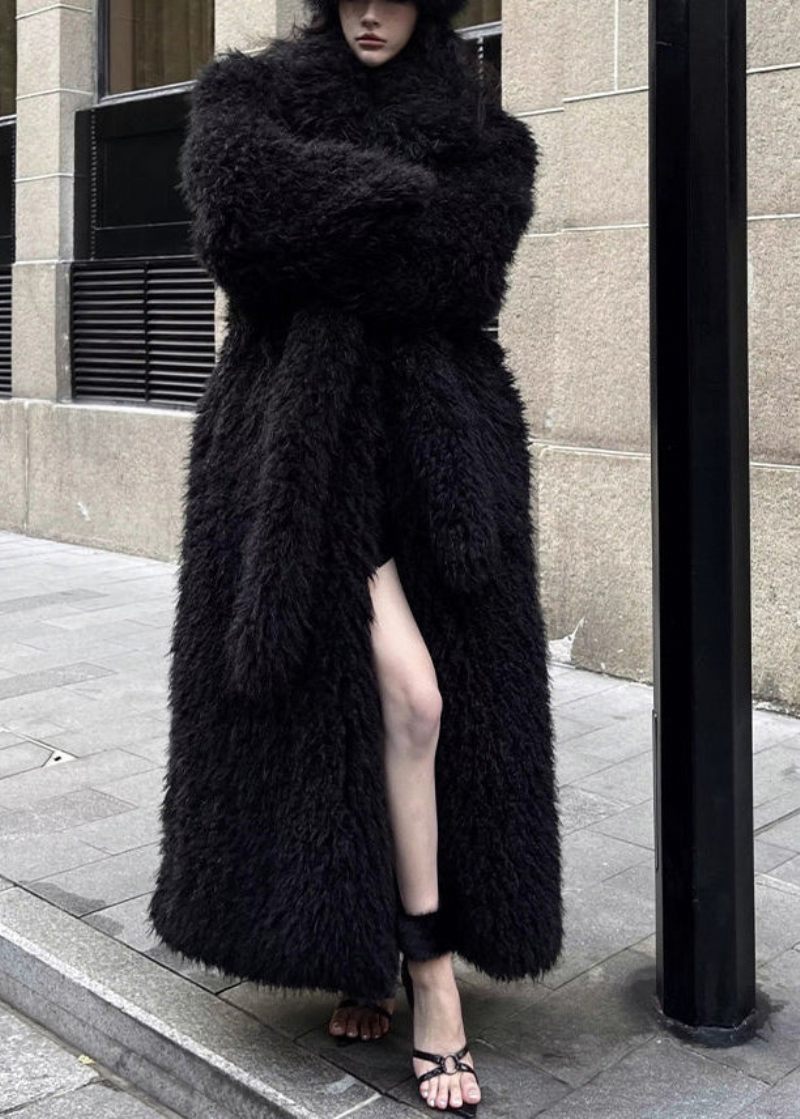 Stilfuld Black Tie Talje Patchwork Fuzzy Fur Fluffy Coat Vinter