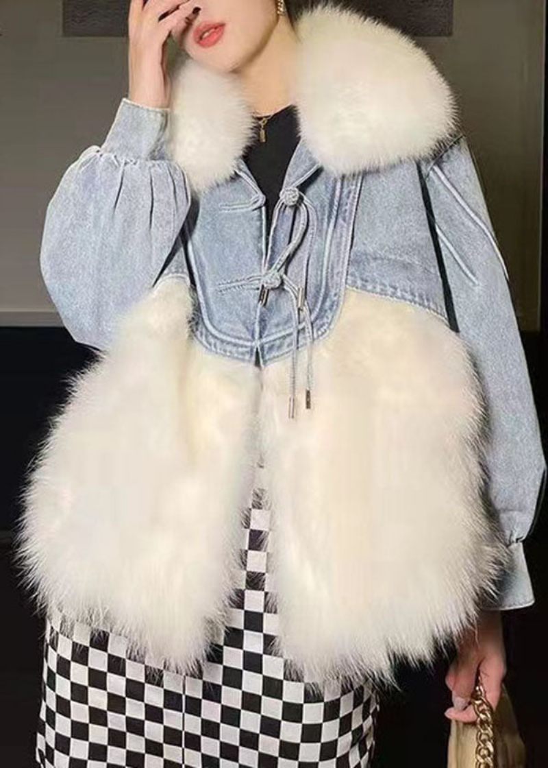 Stilfuld Hvid Kvast Denim Patchwork Fuzzy Fur Fluffy Coat Vinter