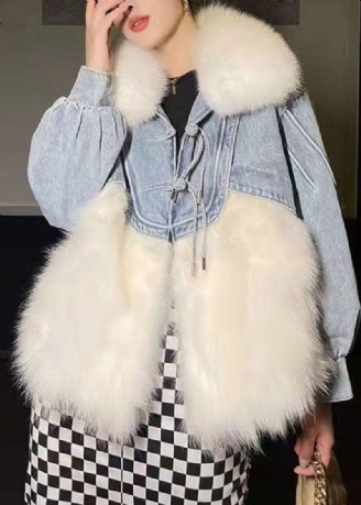 Stilfuld Hvid Kvast Denim Patchwork Fuzzy Fur Fluffy Coat Vinter