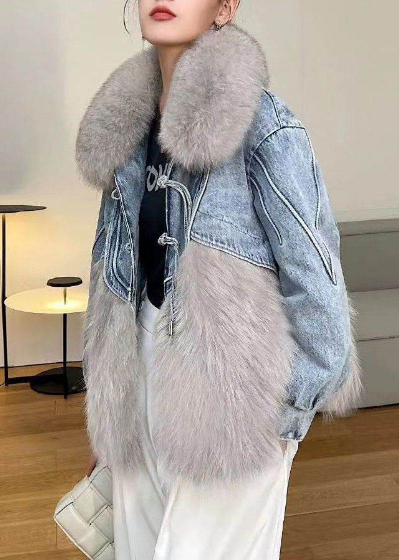 Stilfuld Hvid Kvast Denim Patchwork Fuzzy Fur Fluffy Coat Vinter - Dame vinterfrakker