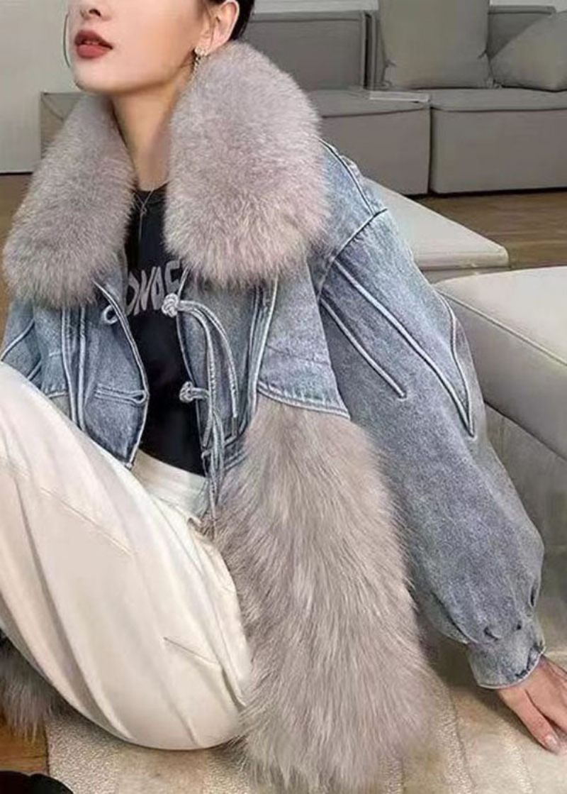 Stilfuld Hvid Kvast Denim Patchwork Fuzzy Fur Fluffy Coat Vinter - Dame vinterfrakker