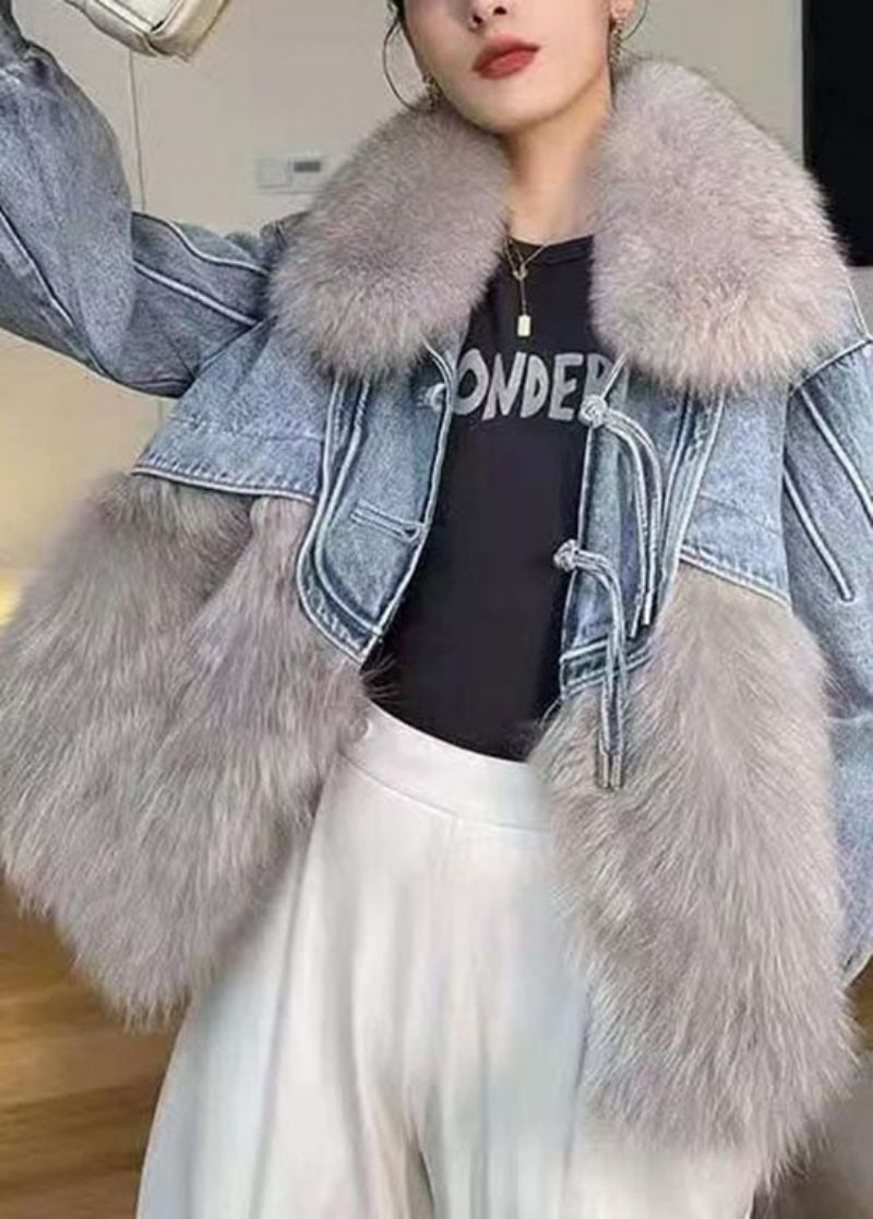 Stilfuld Hvid Kvast Denim Patchwork Fuzzy Fur Fluffy Coat Vinter - Dame vinterfrakker