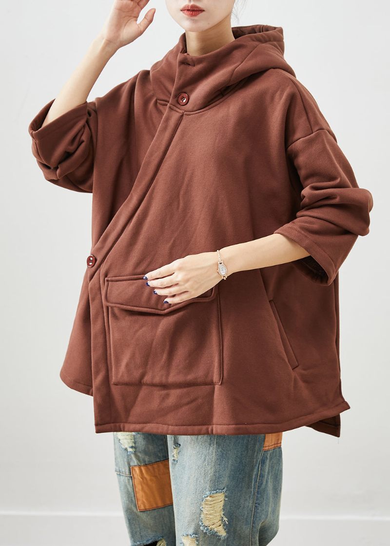 Stilfuld Khaki Asymmetrisk Oversized Varm Fleecejakke Efterår - Dame vinterfrakker