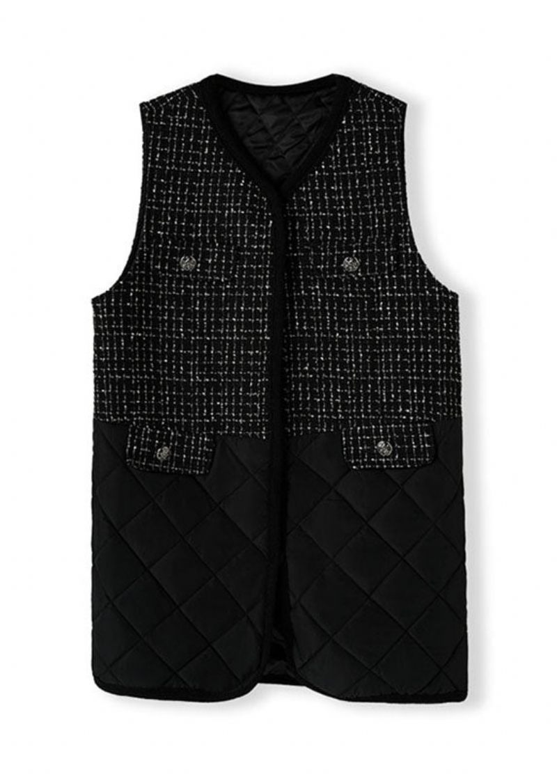 Stilfuld Sort V-hals Patchwork Fleece Vest Ærmeløs - Dame vinterfrakker