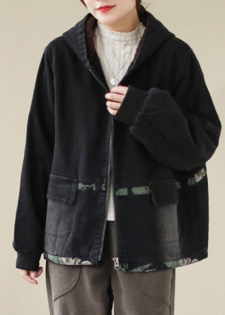 Stilfulde Sorte Lynlåslommer Patchwork Varm Fleece Bomuld Denim Hættefrakker Langærmede