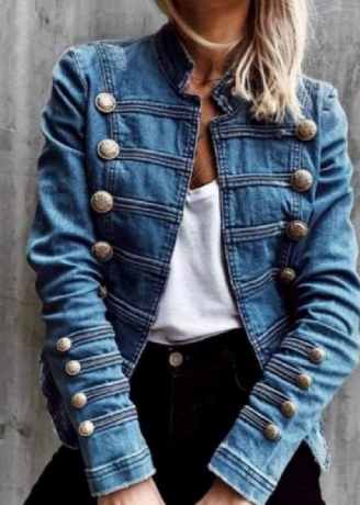 Style Blue Double Breast Patchwork Slim Fit Denim Coat Spring