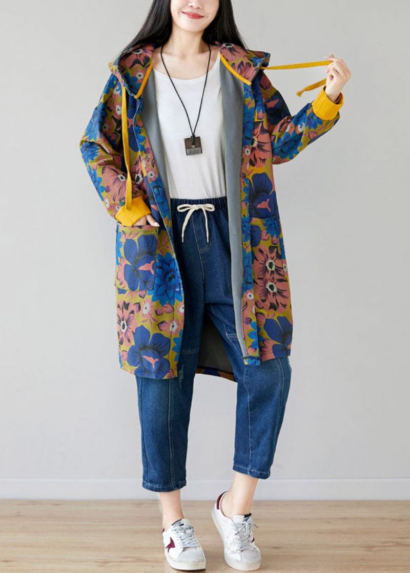 Style Colorblock Hooded Print Bomuld Coat Spring - Dame vinterfrakker