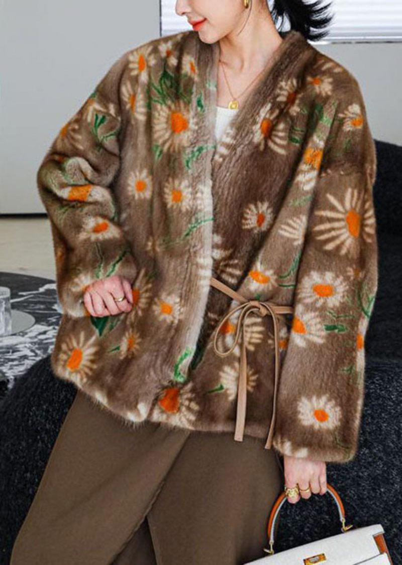 Style Khaki Oversized Print Lace Up Mink Hår Strikket Cardigan Vinter - Dame vinterfrakker