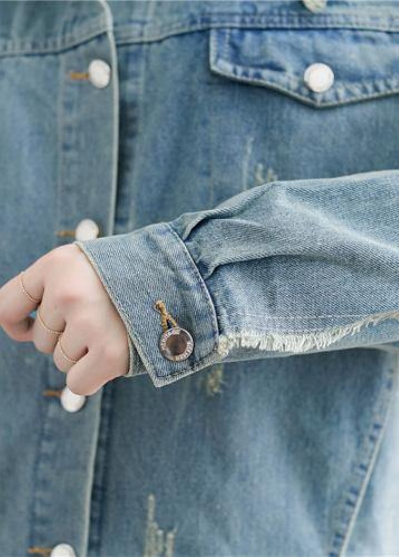 Unik Denim Blå Bomuld Box Top Revers Krave Rippet Kjoler Efterår Frakke - Dame vinterfrakker