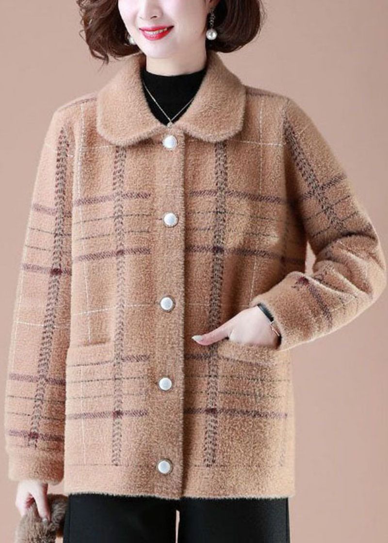 Unik Khaki Peter Pan Krave Plaid Lommer Mink Hår Strikkede Frakker Vinter - Khaki