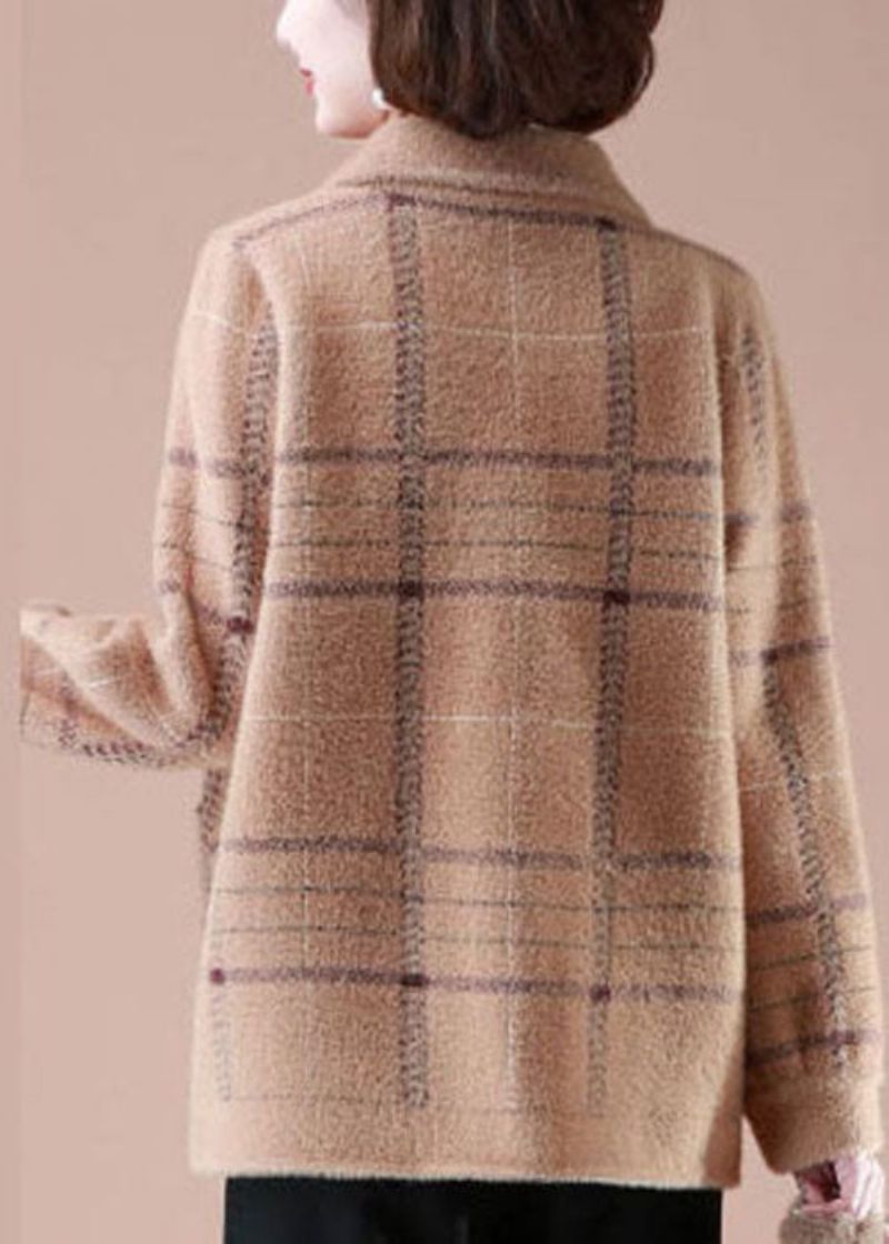 Unik Khaki Peter Pan Krave Plaid Lommer Mink Hår Strikkede Frakker Vinter - Khaki