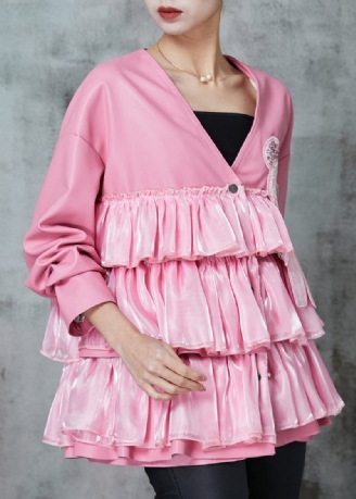 Unik Pink Oversized Patchwork Imiteret Læderjakke Forår