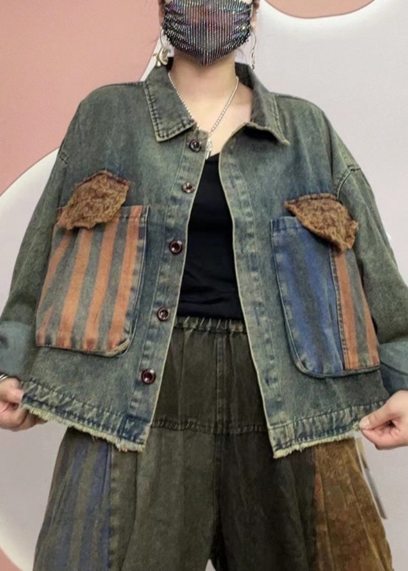 Unik Sort Peter Pan Kravelommer Patchwork Denim Frakke Efterår - Dame vinterfrakker