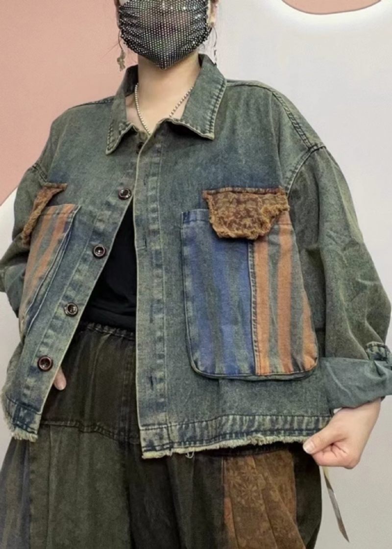 Unik Sort Peter Pan Kravelommer Patchwork Denim Frakke Efterår - Dame vinterfrakker