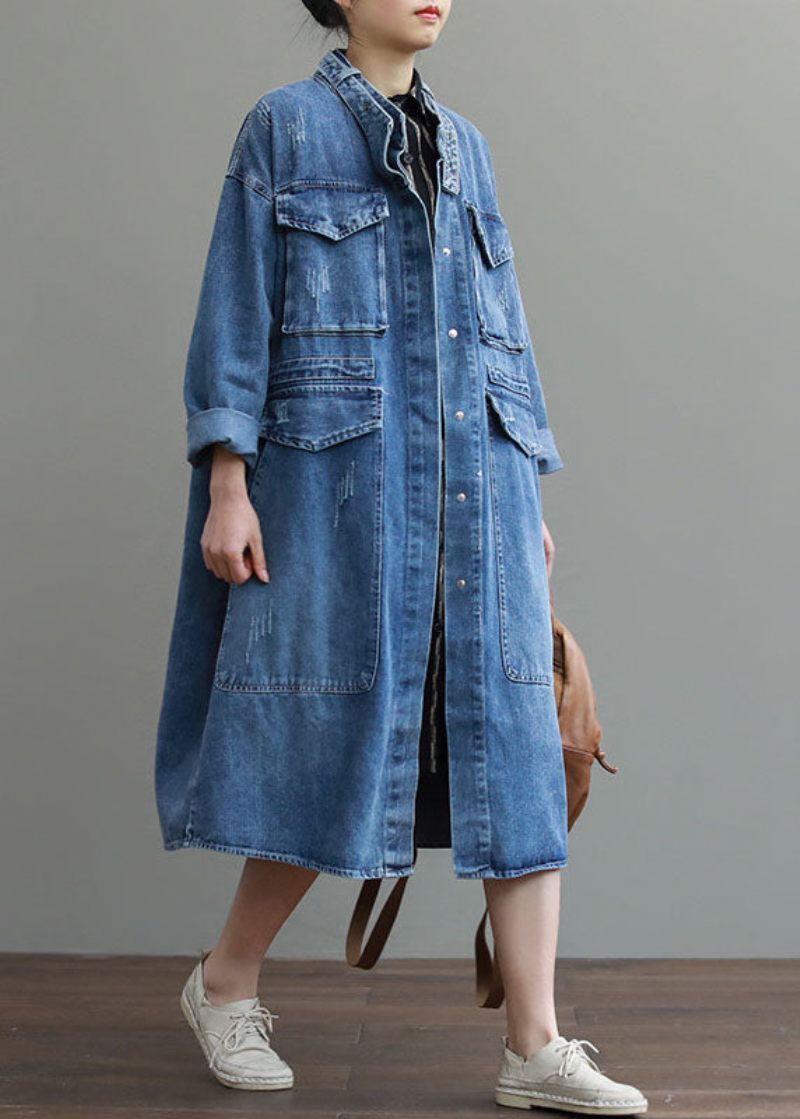 Unikke Blå Lommer Knap Løs Efterår Denim Langærmede Frakker Trenchcoats