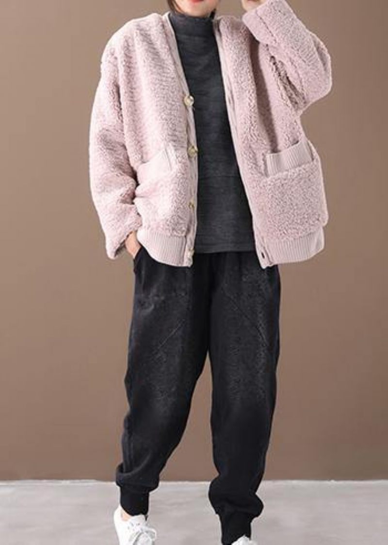 Varm Oversized Vinterfrakke Outwear Pink V-hals Tyk Vinterjakke - Chokolade