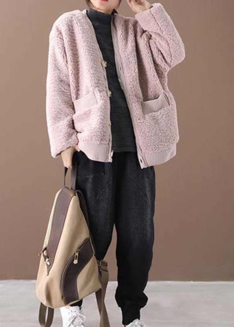 Varm Oversized Vinterfrakke Outwear Pink V-hals Tyk Vinterjakke - Chokolade