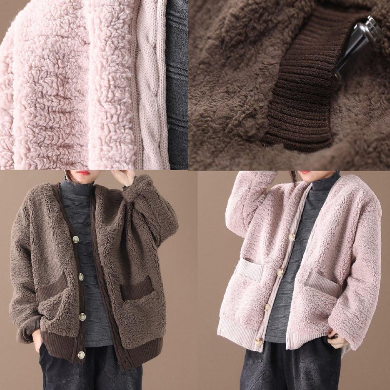 Varm Oversized Vinterfrakke Outwear Pink V-hals Tyk Vinterjakke - Chokolade