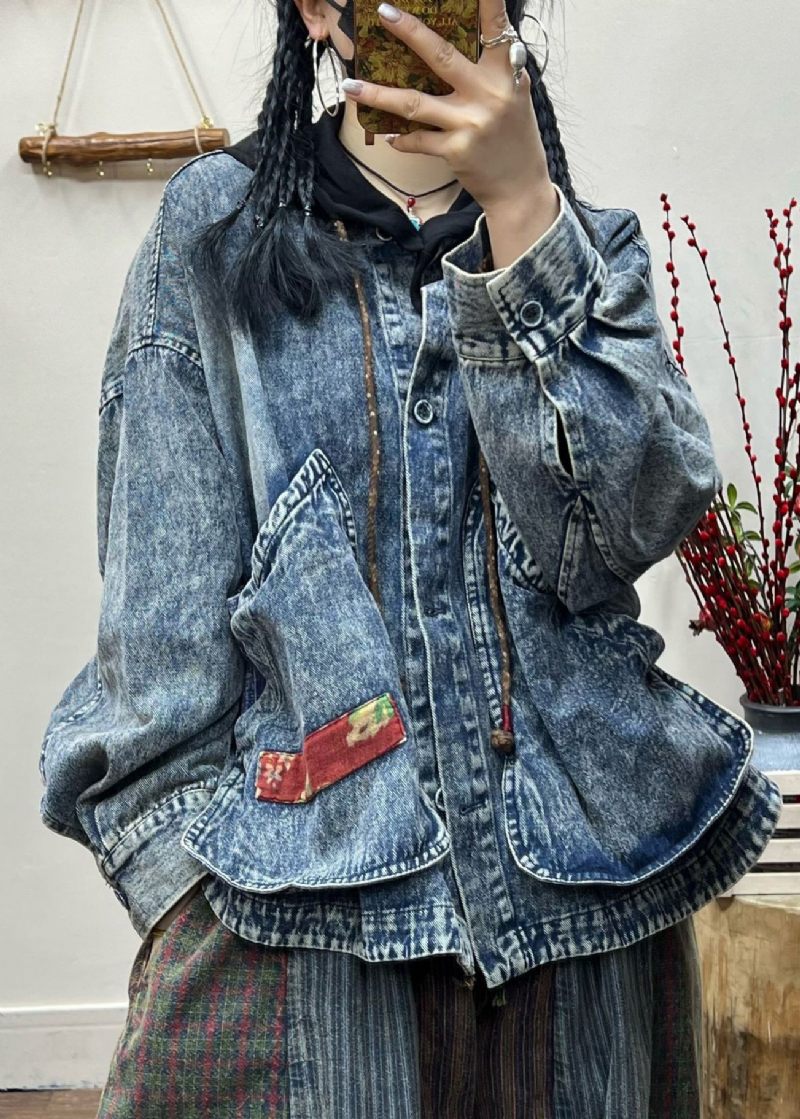 Vintage Blå Knaplommer Patchwork Denim Coat Fall