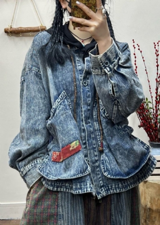 Vintage Blå Knaplommer Patchwork Denim Coat Fall