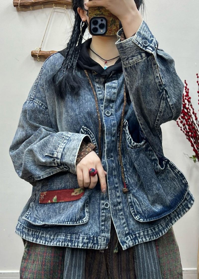 Vintage Blå Knaplommer Patchwork Denim Coat Fall - Dame vinterfrakker