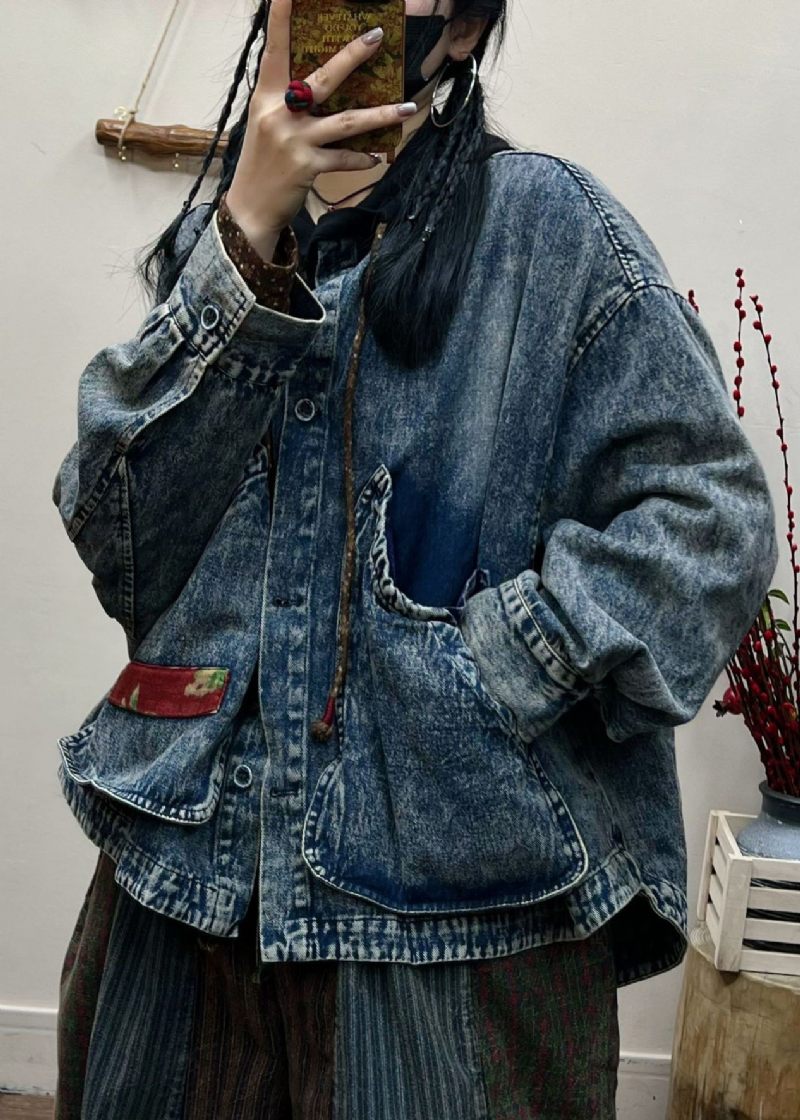 Vintage Blå Knaplommer Patchwork Denim Coat Fall - Dame vinterfrakker