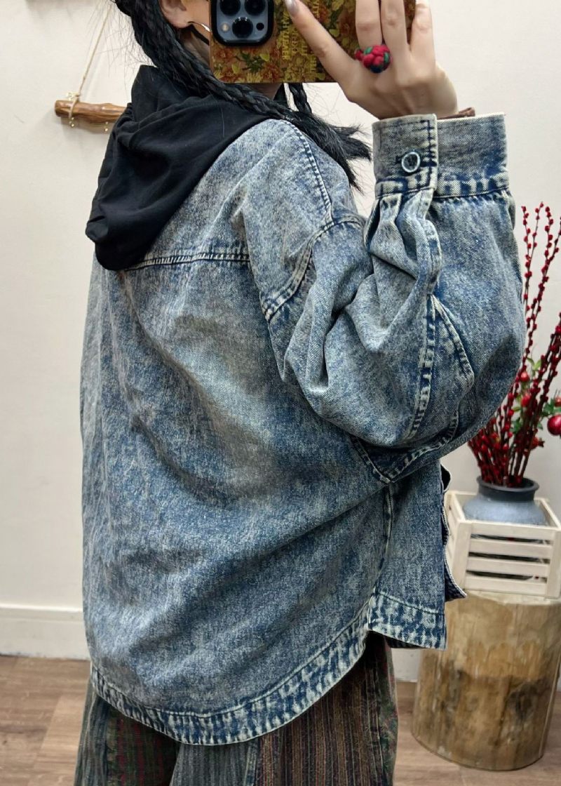 Vintage Blå Knaplommer Patchwork Denim Coat Fall - Dame vinterfrakker