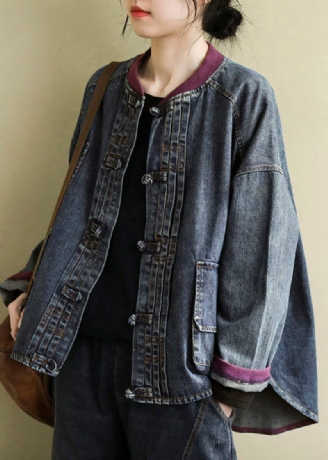 Vintage Blå O-hals Patchwork Lav Høj Design Bomuld Denim Frakker Forår