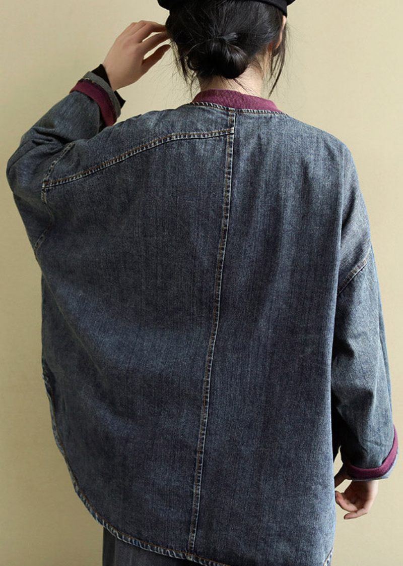 Vintage Blå O-hals Patchwork Lav Høj Design Bomuld Denim Frakker Forår - Dame vinterfrakker