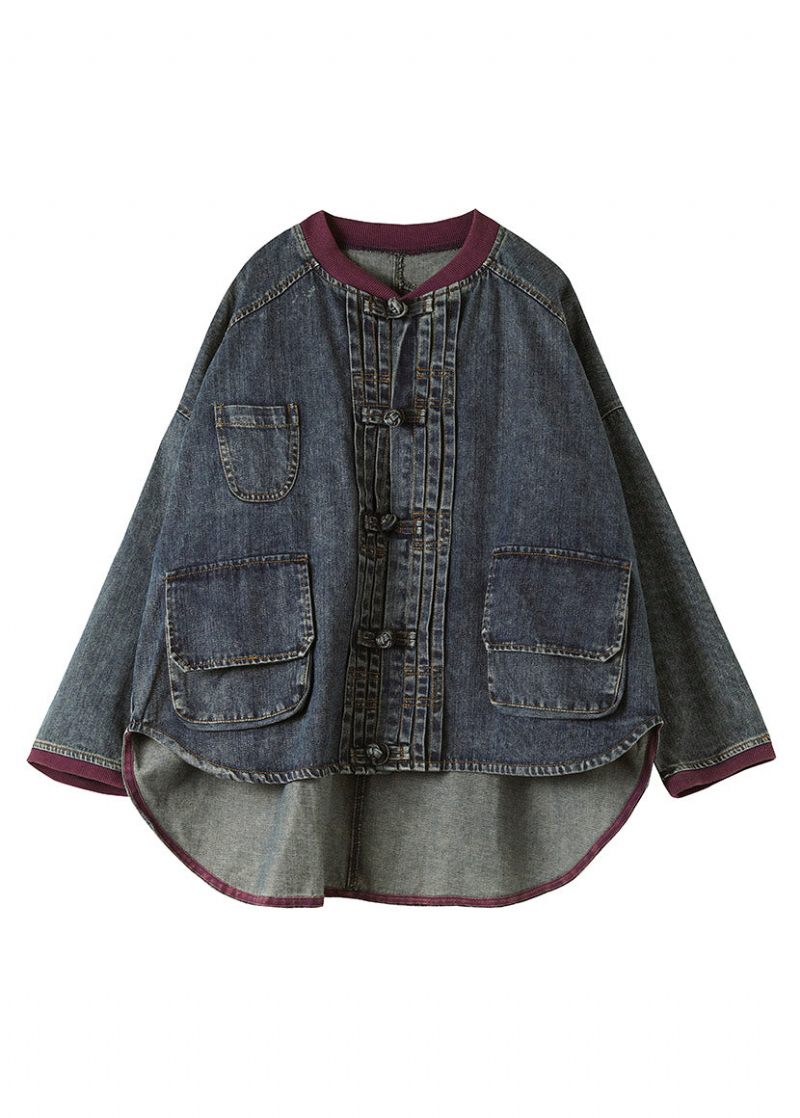 Vintage Blå O-hals Patchwork Lav Høj Design Bomuld Denim Frakker Forår - Dame vinterfrakker