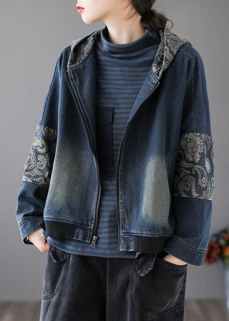 Vintage Blå V-hals Print Patchwork Lynlås Bomuld Denim Frakke Langærmet