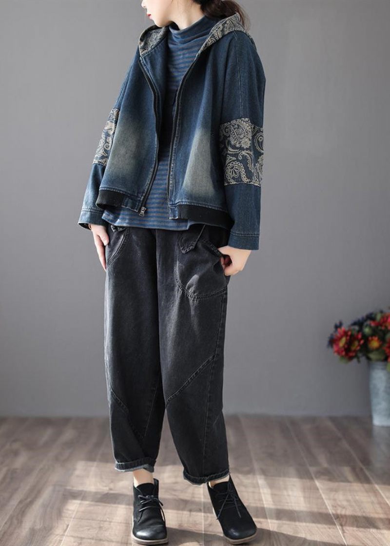 Vintage Blå V-hals Print Patchwork Lynlås Bomuld Denim Frakke Langærmet - Dame vinterfrakker