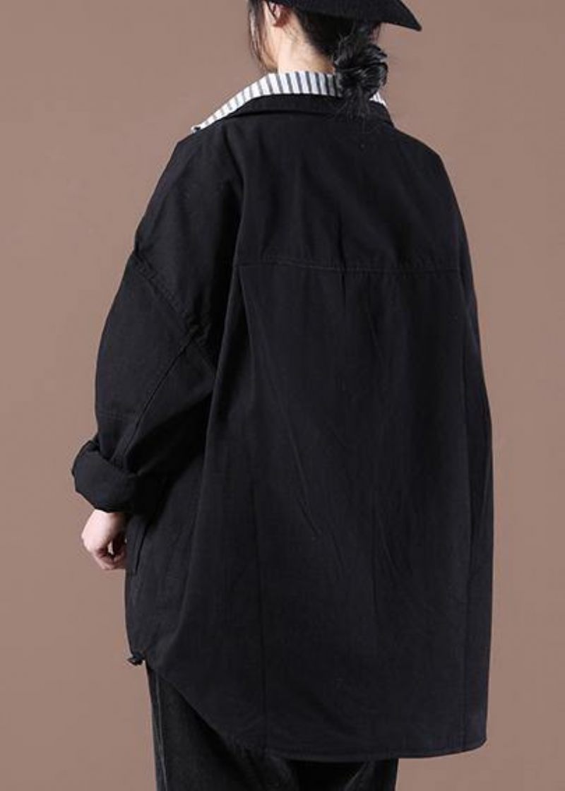 Vintage Black Pockets Coat Spring - Sort