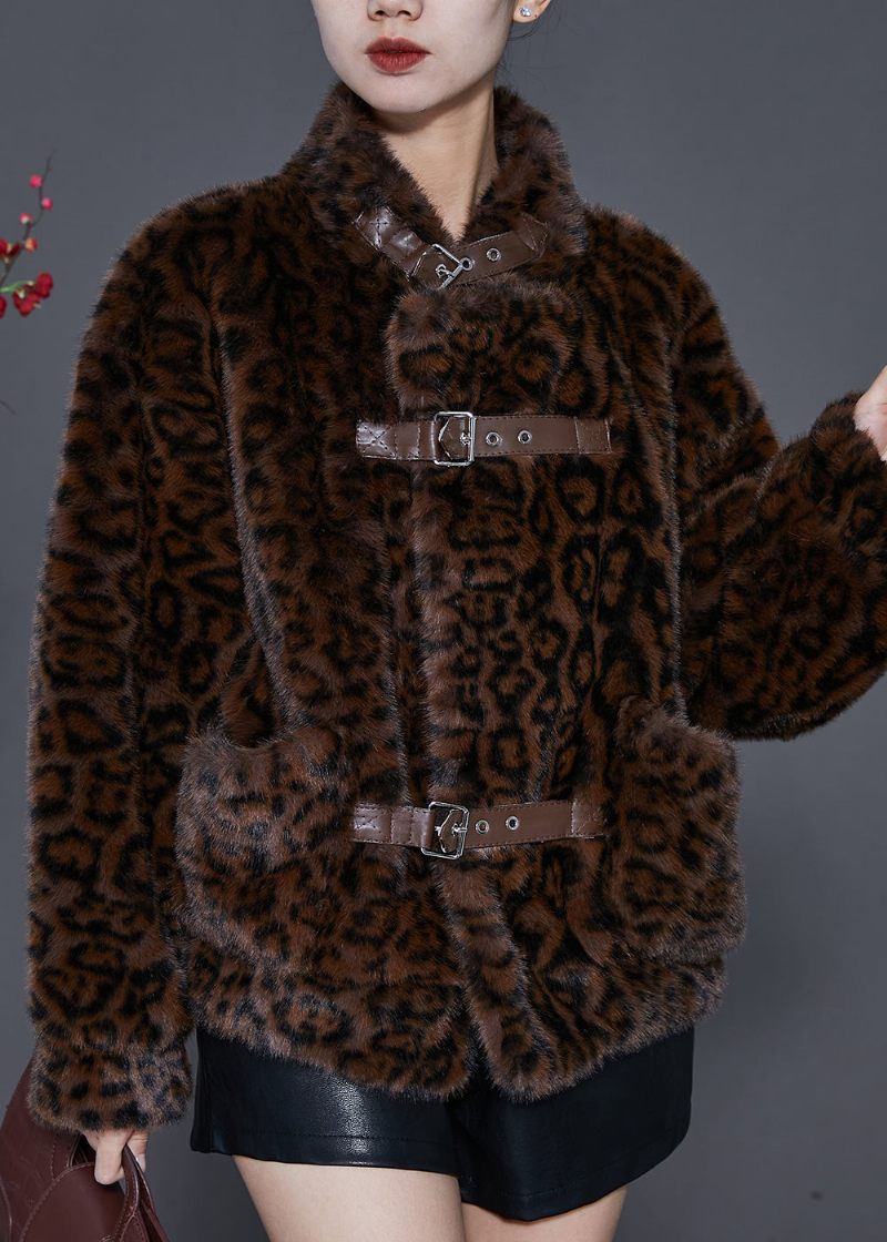 Vintage Brun Overdimensioneret Leopardprint Mink Fløjl Jakker Forår - Dame vinterfrakker