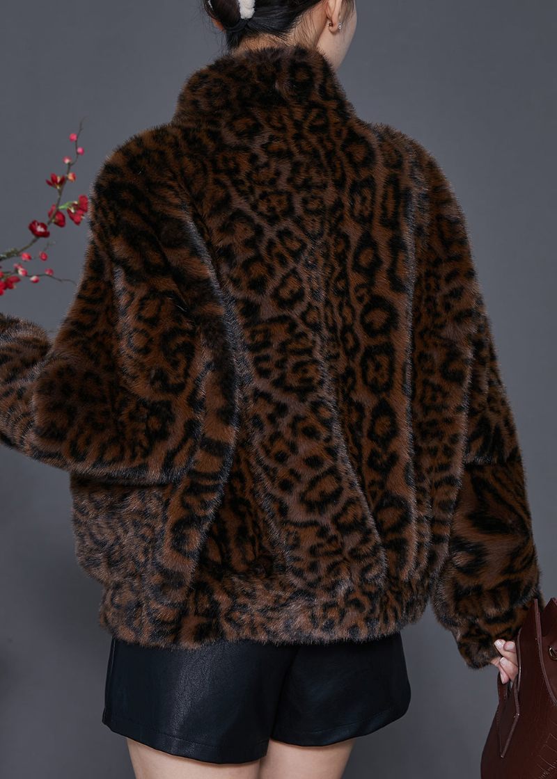 Vintage Brun Overdimensioneret Leopardprint Mink Fløjl Jakker Forår - Dame vinterfrakker