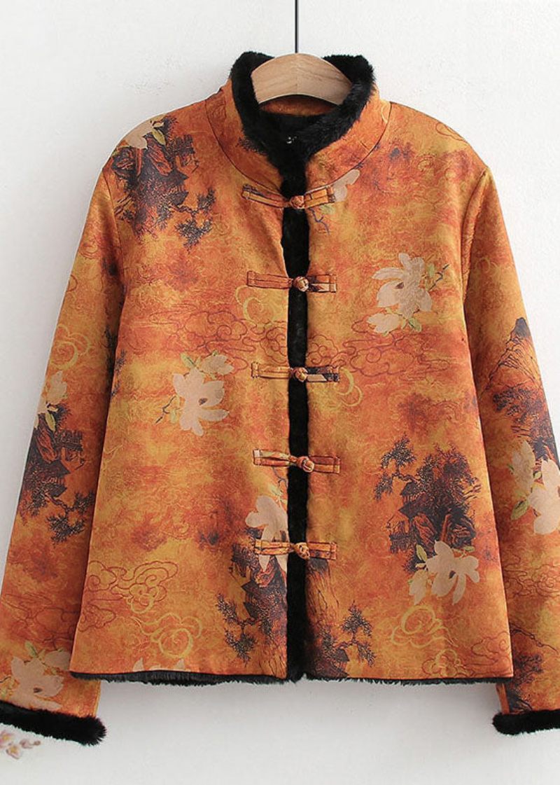 Vintage Gul Kinesisk Knap Patchwork Silke Print Varme Fleece Frakker Forår