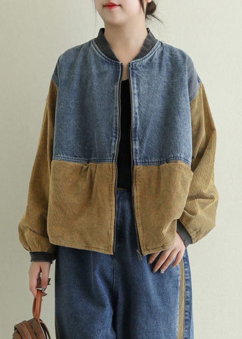 Vintage Khaki Zip Up Corduroy Patchwork Denim Coat Langærmet