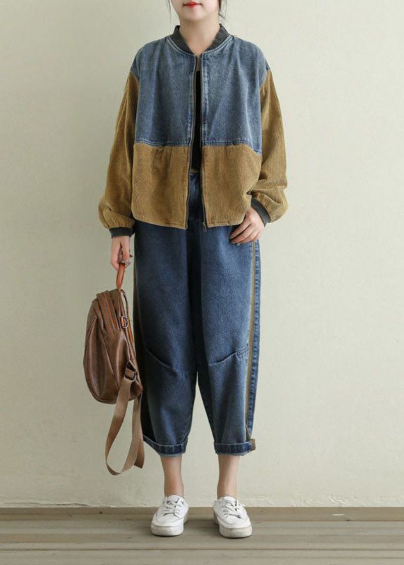 Vintage Khaki Zip Up Corduroy Patchwork Denim Coat Langærmet - Kaki