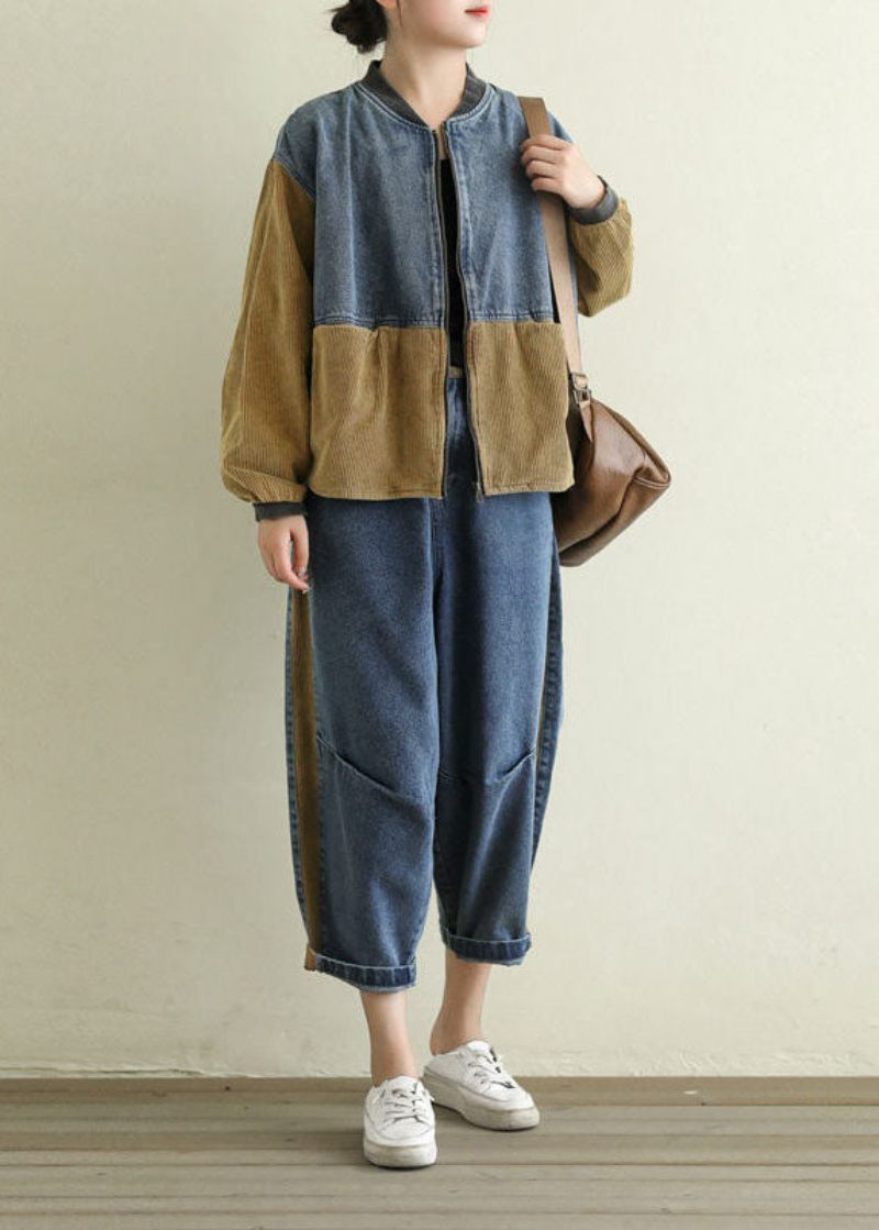 Vintage Khaki Zip Up Corduroy Patchwork Denim Coat Langærmet - Kaki