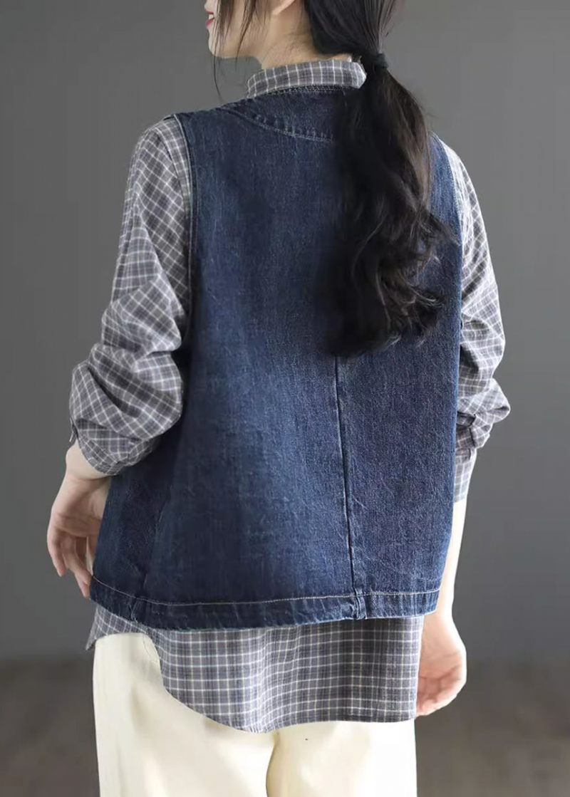 Vintage Mørkeblå O-hals Lommer Denim Vest Ærmeløs - Mørkeblå