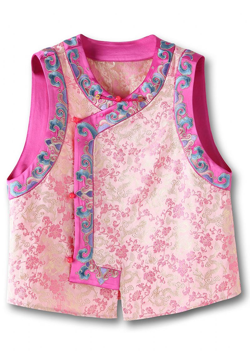 Vintage Pink Broderet Knap Patchwork Silke Vest Ærmeløs - Dame vinterfrakker