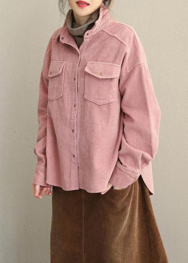 Vintage Pink Og Grå Fall Loose Corduroy Kort Frakke Til Kvinder - Dame vinterfrakker