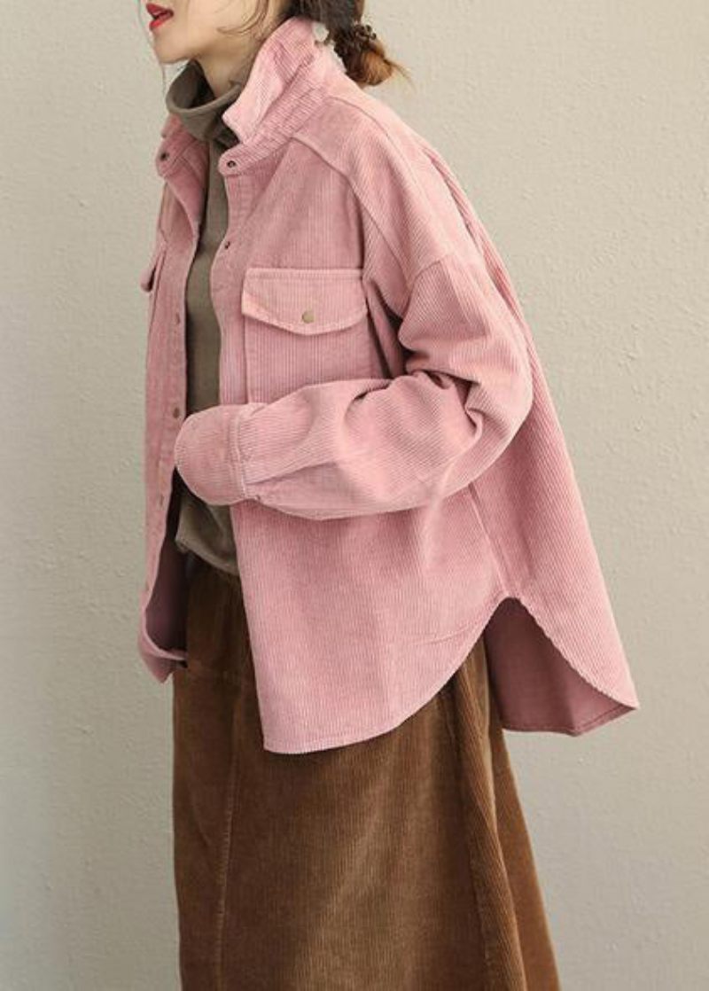 Vintage Pink Og Grå Fall Loose Corduroy Kort Frakke Til Kvinder - Dame vinterfrakker