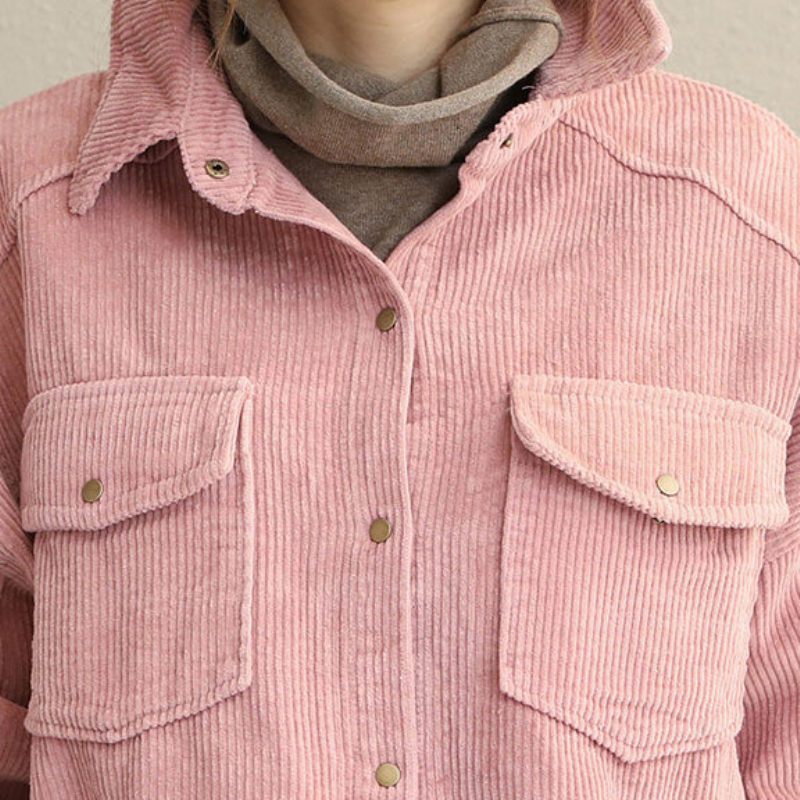 Vintage Pink Og Grå Fall Loose Corduroy Kort Frakke Til Kvinder - Dame vinterfrakker