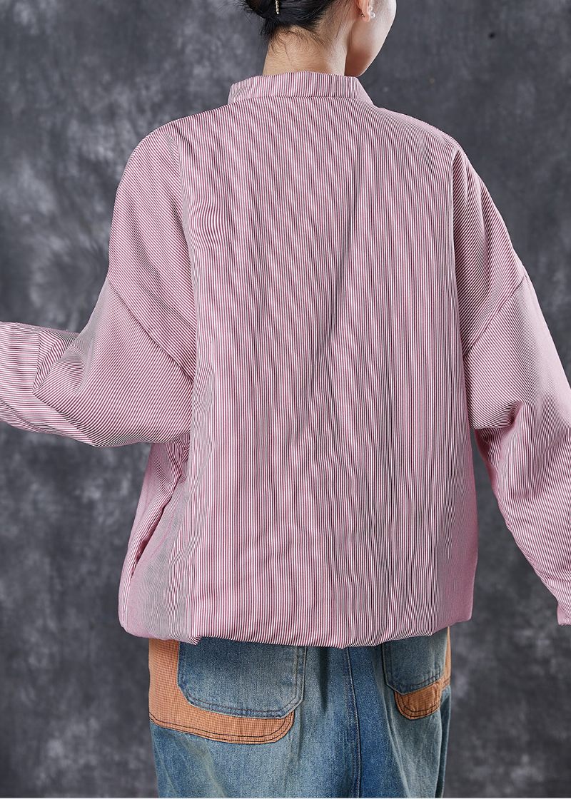 Vintage Pink Oversized Stribet Fin Bomuld Fyldt Frakke Vinter - Dame vinterfrakker